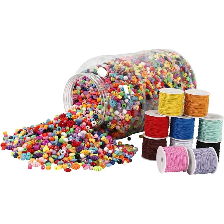 Kunststoffperlen im Eimer und elastisches Schmuckband, 1Set