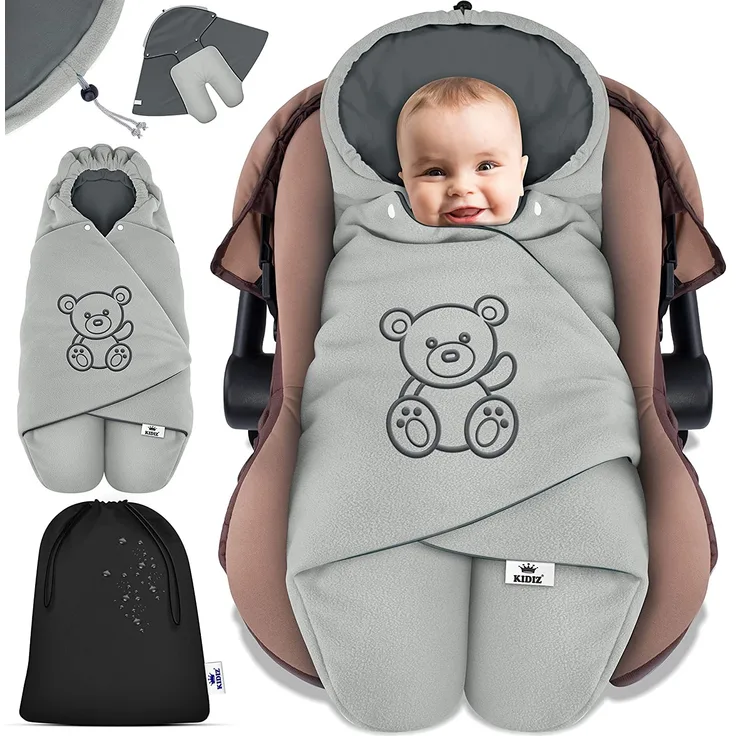 KIDIZ® Baby Einschlagdecke Winter mit Kapuze +Tasche Babyeinschlagdecke Universal für Babyschale, Autositz, z. B. für Maxi-Cosi, Römer für Buggy Babybett Kinderwagen & alle Gurtsysteme 3 & 5-Punkt Gurt Grau / Anthrazit