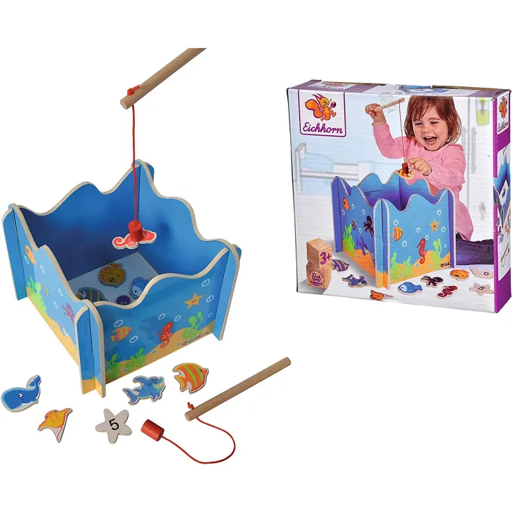 Eichhorn 100002089 Angelspiel mit Zwei Angeln, Holzspielzeug, Geschicklichkeit, ab 3 Jahren, 16 teilig, Bunt