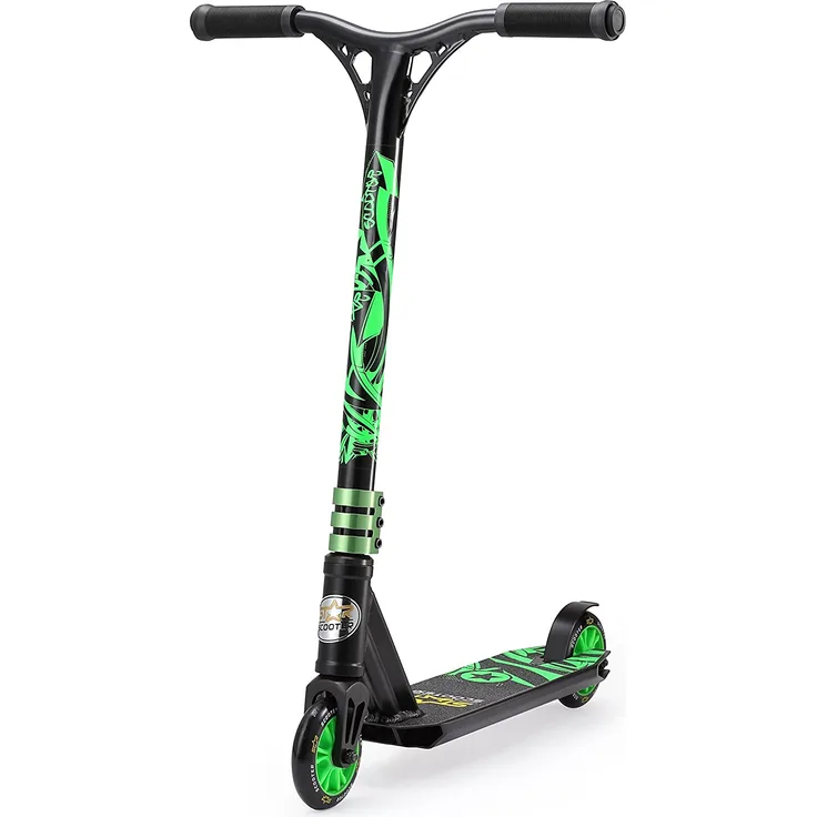 STAR SCOOTER Pro Sport Freestyle Stunt Scooter Kickscooter Roller Mini für Kinder ab 5 Jahre | 110mm Einsteiger/Fortgeschritten Stuntscooter Alu HIC Kompression | Schwarz & Grün