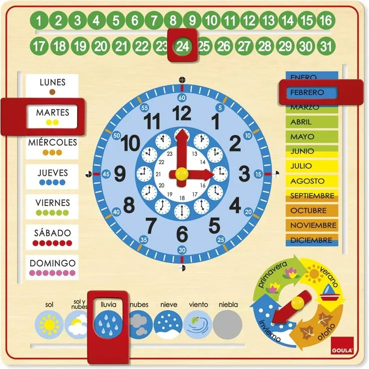 Goula Diset 51305 Uhr und Kalender für Kinder zum Lernen, auf Spanisch, Unterrichtsmaterial