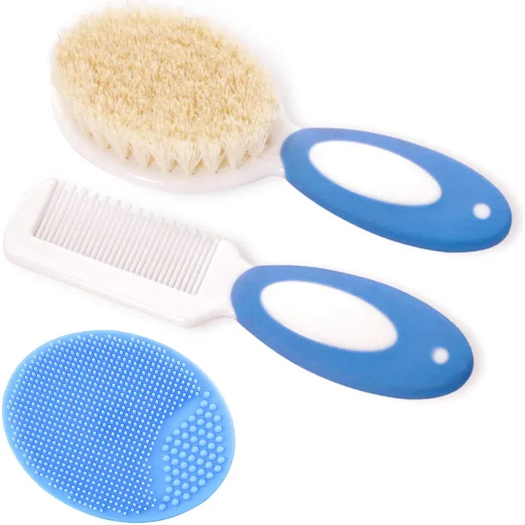 Baby haarbürste und Kamm Set für Neugeborene & Kleinkinder | Natürliche Weiche Ziegenborsten | Ideal für Cradle Cap | Geschenk zur Baby registrierung (Blau)