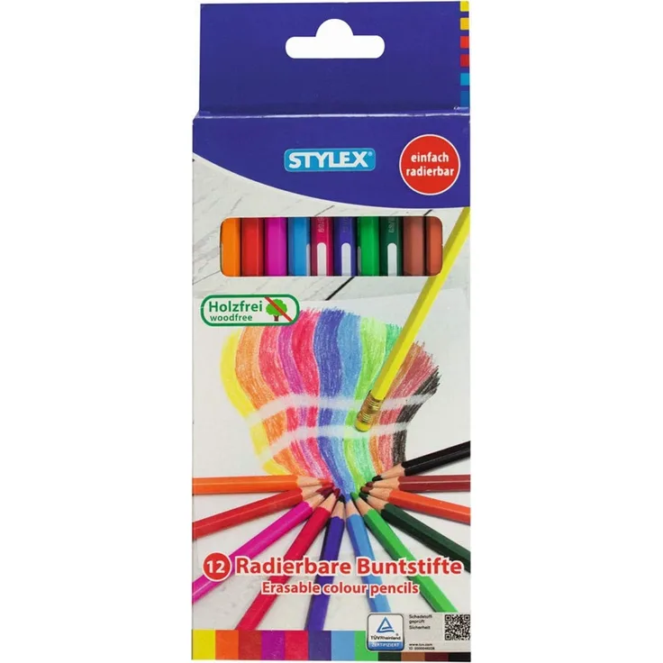 Stylex 25090 - Radierbare Buntstifte, 12 Stück Stifte in Sechskantform, mit integriertem Radierer und Namensfeld, holzfrei, lackiert