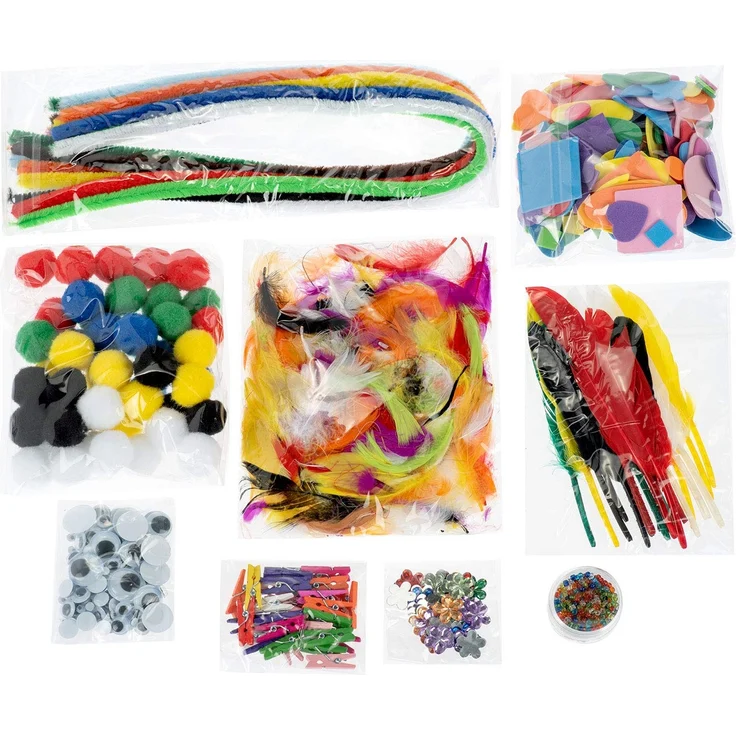 GLOREX 6 1214 072 - Jumbo Bastel Mix, über 1000 Teile, umfangreiches Bastelset mit Federn, Pompons, Pfeiffenputzer, Wackelaugen, Wäscheklammern und vielem mehr, ideal für das Basteln mit Kindern – Bild 2
