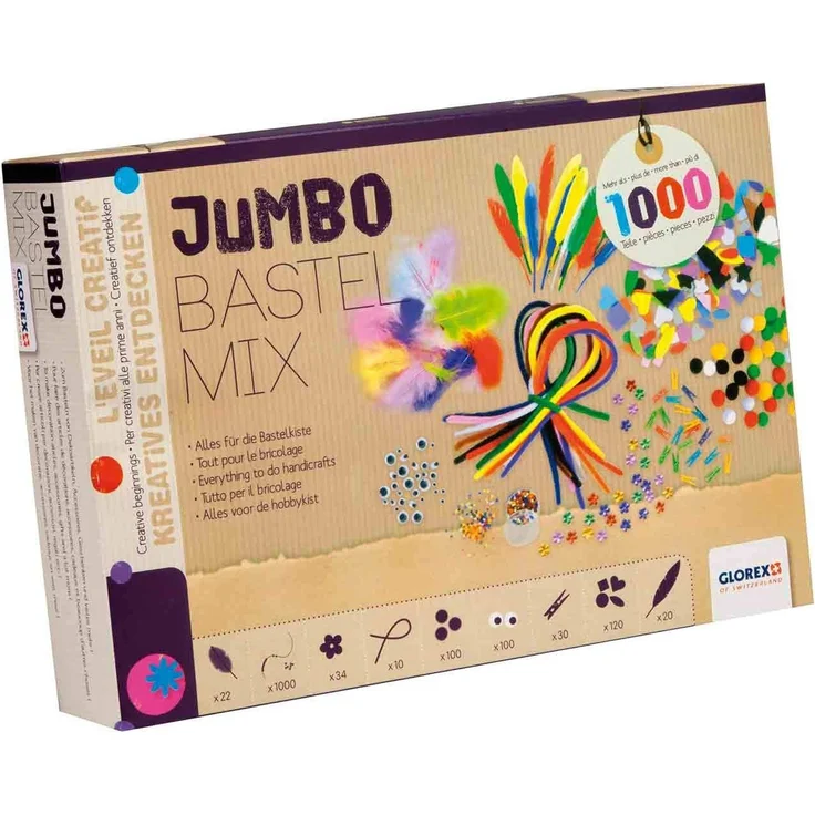 GLOREX 6 1214 072 - Jumbo Bastel Mix, über 1000 Teile, umfangreiches Bastelset mit Federn, Pompons, Pfeiffenputzer, Wackelaugen, Wäscheklammern und vielem mehr, ideal für das Basteln mit Kindern – Bild 1