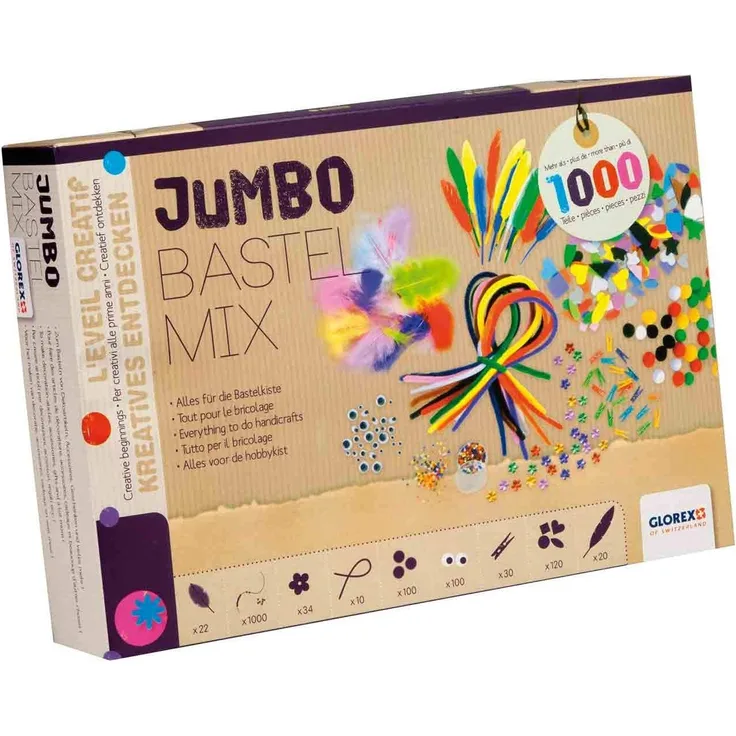 GLOREX 6 1214 072 - Jumbo Bastel Mix, über 1000 Teile, umfangreiches Bastelset mit Federn, Pompons, Pfeiffenputzer, Wackelaugen, Wäscheklammern und vielem mehr, ideal für das Basteln mit Kindern