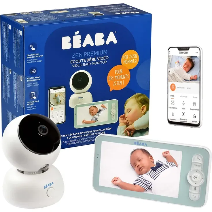 BÉABA, Babyphone Video 2 in 1, Display und spezielle Handy-App, HD-Kamera, 360° drehbar, Nachtsicht, Walkie Talkie, Schlaflieder, Temperatur- und Feuchtigkeitskontrolle, Zen Premium