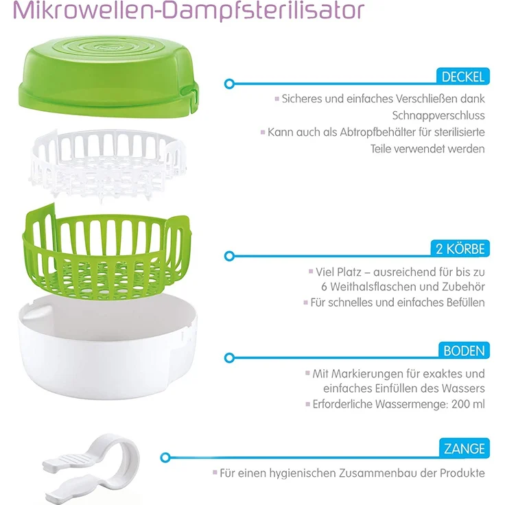 MAM Mikrowellen-Dampfsterilisator inkl. 1x MAM Anti-Colic Flasche (160 ml), Sterilisator für Babyflaschen, Schnuller & Zubehör, sicherer Flaschensterilisator, weiß/grün – Bild 3