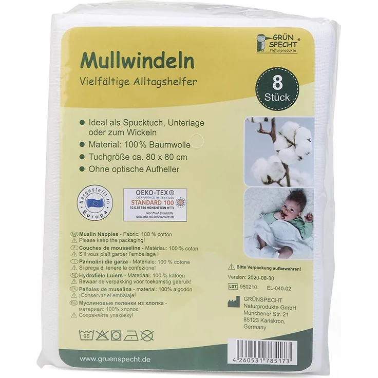 GRÜNSPECHT Mullwindeln 80x80cm aus 100 % Baumwolle, Spucktücher, ohne optische Aufheller, hautfreundlich & saugstark, 5 Stück, weiß (598-00)