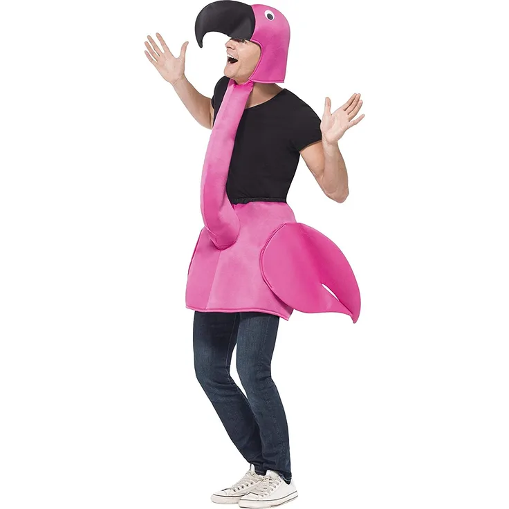Flamingo Kostüm Rosa Einteiliger gepolsterter Körper mit angesetztem Hals & Haube, One Size