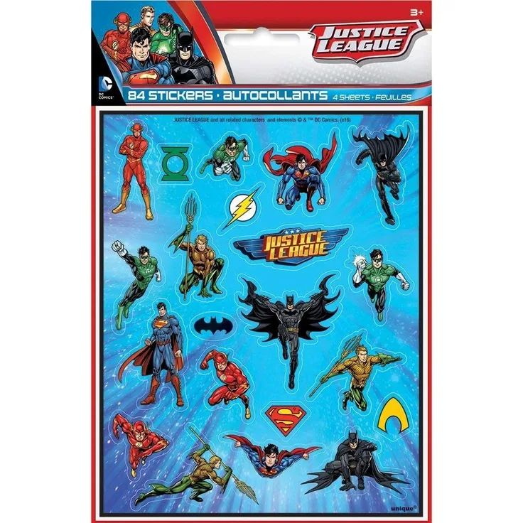 Unique Party Supplies 49969 Partygeschenke - Aufkleberbögen Justice League- 4er-Pack
