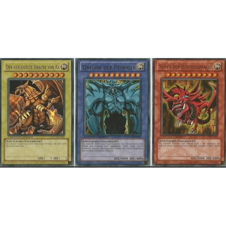Yu-Gi-Oh! Ägyptische Götterkarten Komplett Set - Ultra Rare - Limitierte Auflage - (Slifer der Himmelsdrache YGLD- DEG01 + Obelisk der Peiniger YGLD-DEG02 + Der geflügelte Drache von Ra YGLD-DEG03) Deutsche Version – Bild 1