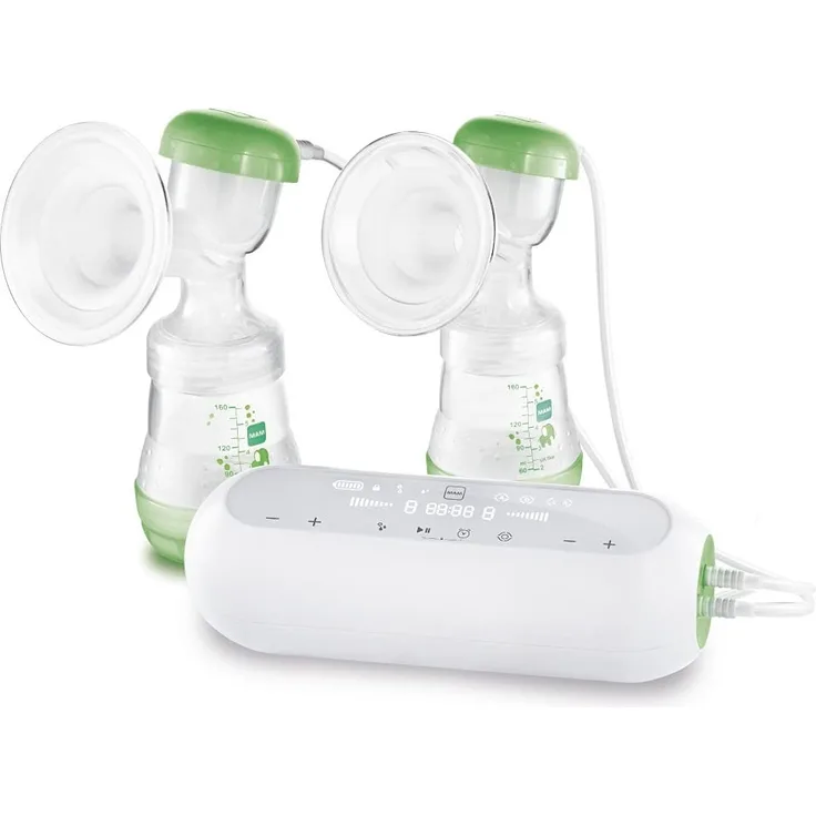 MAM 2 in 1 Doppel-Milchpumpe elektrisch und manuell, enthält 1 weiche Silikonbecher, 2 Fläschchen Easy Start Anti-Colic 160 ml mit Sauger Größe 1, 2 Behälter für Milch und Lebensmittel, Farbe Unisex