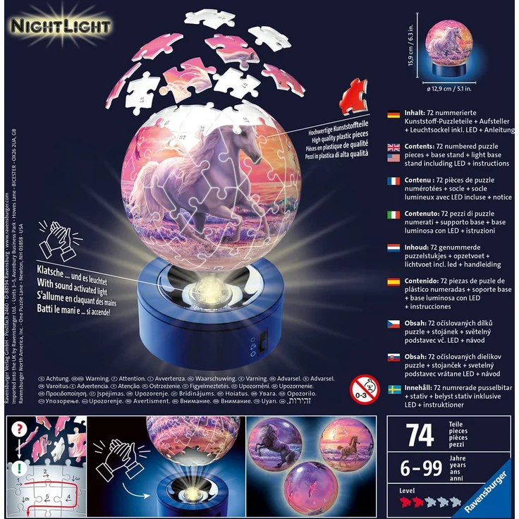 Ravensburger 3D Puzzle Nachtlicht Pferde am Strand - Puzzleball für Kinder ab 6 Jahren, LED Nachttischlampe mit Klatsch-Mechanismus, Schlummerlicht – Bild 2