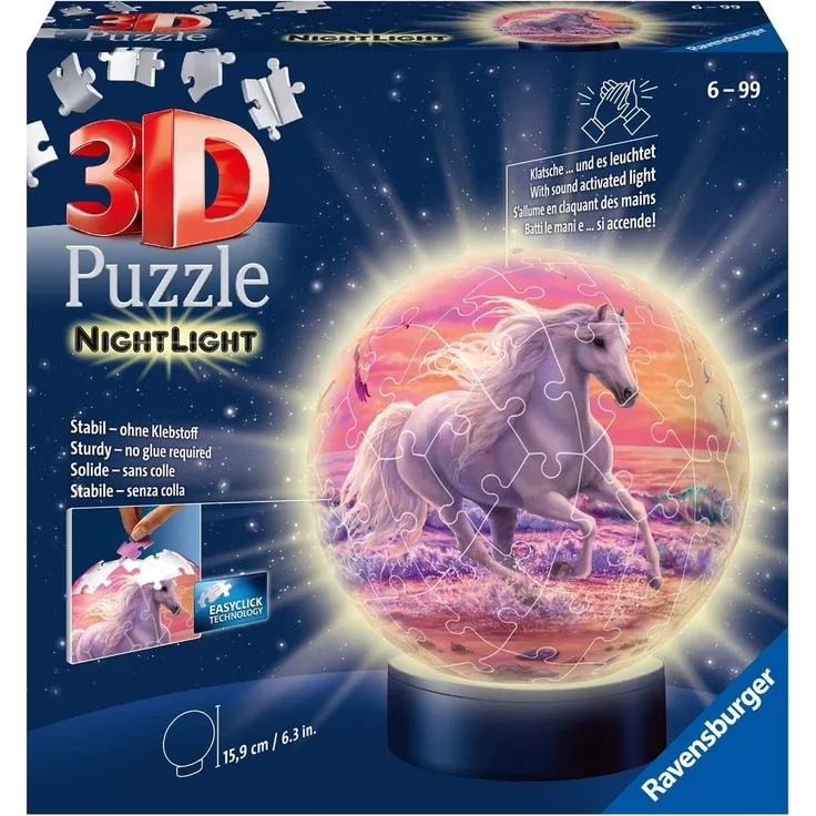 Ravensburger 3D Puzzle Nachtlicht Pferde am Strand - Puzzleball für Kinder ab 6 Jahren, LED Nachttischlampe mit Klatsch-Mechanismus, Schlummerlicht