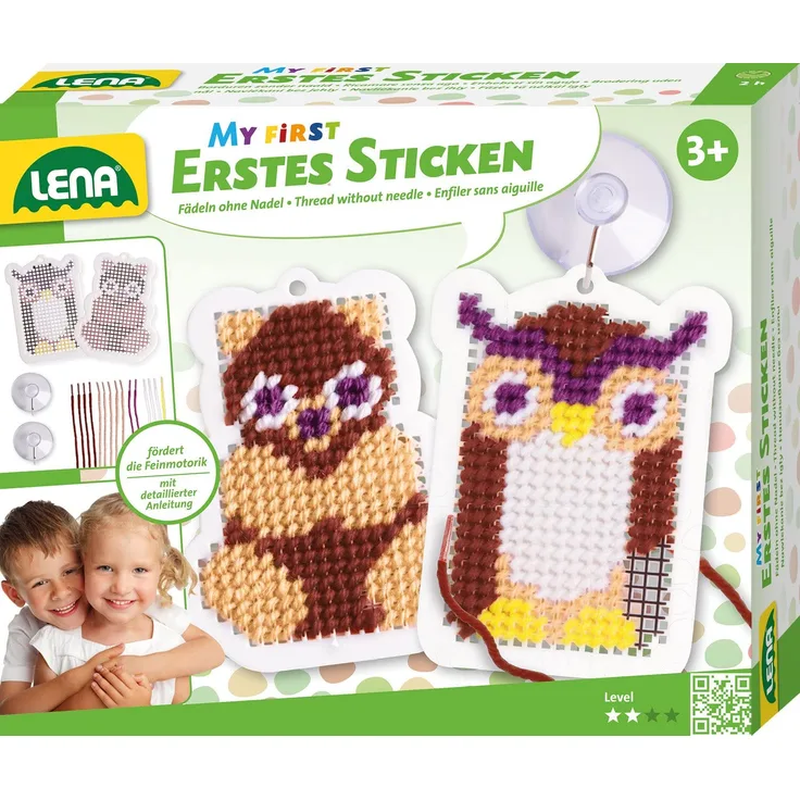 Lena 42624 Bastelset Erstes Sticken Waldtiere, Komplettset mit 2 Stickgitter in Form von Eule und Fuchs, 10 farbige Schnürsenkel, 2 Saugnäpfe und Anleitung, Stickset für Kinder ab 3 Jahre