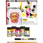 Marabu 1711000000080 - Textil Neon Set, fluoreszierende, intensive Tageslichtfarbe für helle Textilien, leuchtet im Schwarzlicht, 4 x 15 ml Neonfarbe, 15 ml Textilfarbe, Textil Painter und Pinsel