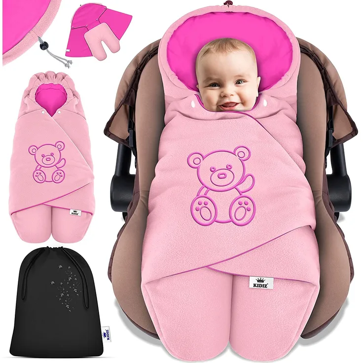 KIDIZ® Baby Einschlagdecke Winter mit Kapuze +Tasche Babyeinschlagdecke Universal für Babyschale, Autositz, z. B. für Maxi-Cosi, Römer für Buggy Babybett Kinderwagen & alle Gurtsysteme 3 & 5-Punkt Gurt Rosa / Pink