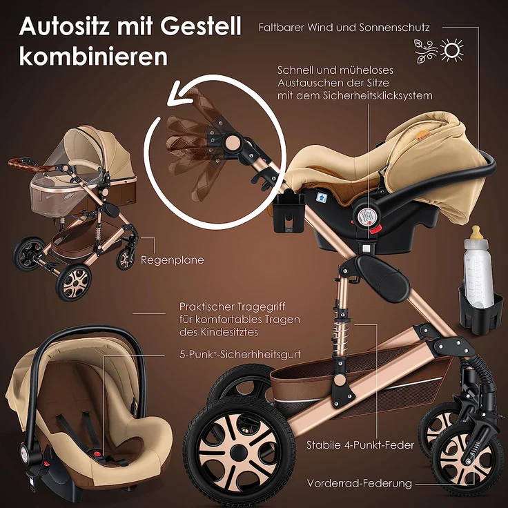 KESSER® Loops 3 in 1 Kinderwagen Kombikinderwagen Komplettset incl. Babywanne & Buggy Sportsitz & Auto-Babyschale - Voll-Gummireifen - Wickeltasche/Regenschutz/Kindertisch Set Braun / Champagne – Bild 4