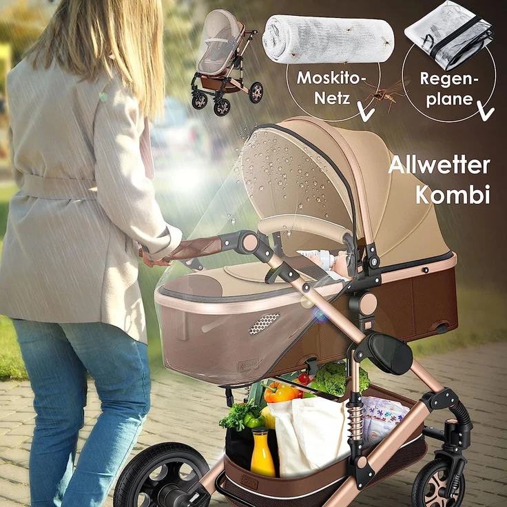 KESSER® Loops 3 in 1 Kinderwagen Kombikinderwagen Komplettset incl. Babywanne & Buggy Sportsitz & Auto-Babyschale - Voll-Gummireifen - Wickeltasche/Regenschutz/Kindertisch Set Braun / Champagne – Bild 8
