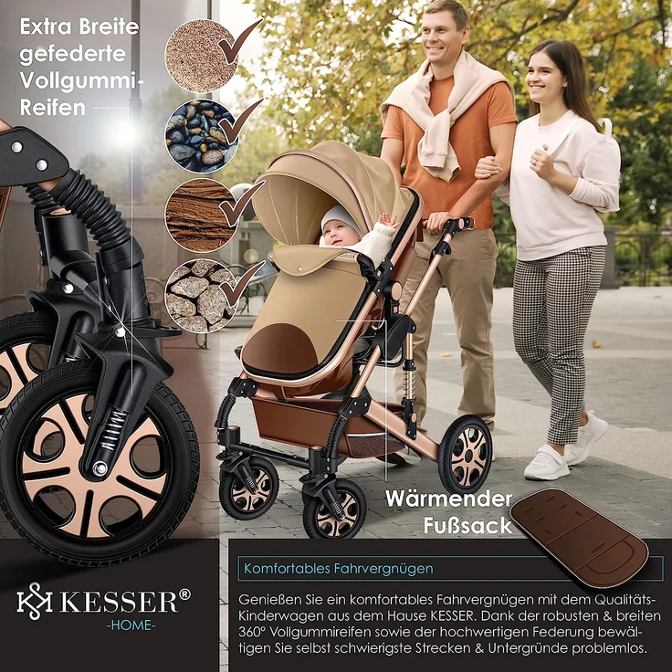 KESSER® Loops 3 in 1 Kinderwagen Kombikinderwagen Komplettset incl. Babywanne & Buggy Sportsitz & Auto-Babyschale - Voll-Gummireifen - Wickeltasche/Regenschutz/Kindertisch Set Braun / Champagne – Bild 6