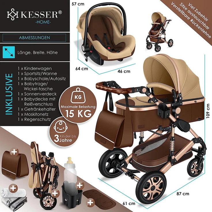 KESSER® Loops 3 in 1 Kinderwagen Kombikinderwagen Komplettset incl. Babywanne & Buggy Sportsitz & Auto-Babyschale - Voll-Gummireifen - Wickeltasche/Regenschutz/Kindertisch Set Braun / Champagne – Bild 7