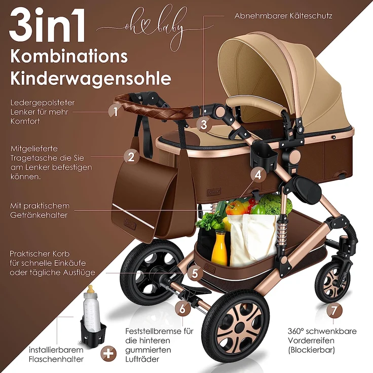 KESSER® Loops 3 in 1 Kinderwagen Kombikinderwagen Komplettset incl. Babywanne & Buggy Sportsitz & Auto-Babyschale - Voll-Gummireifen - Wickeltasche/Regenschutz/Kindertisch Set Braun / Champagne – Bild 2