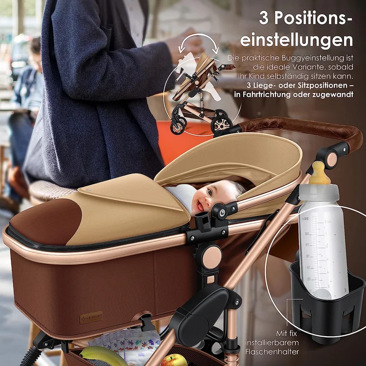KESSER® Loops 3 in 1 Kinderwagen Kombikinderwagen Komplettset incl. Babywanne & Buggy Sportsitz & Auto-Babyschale - Voll-Gummireifen - Wickeltasche/Regenschutz/Kindertisch Set Braun / Champagne – Bild 9