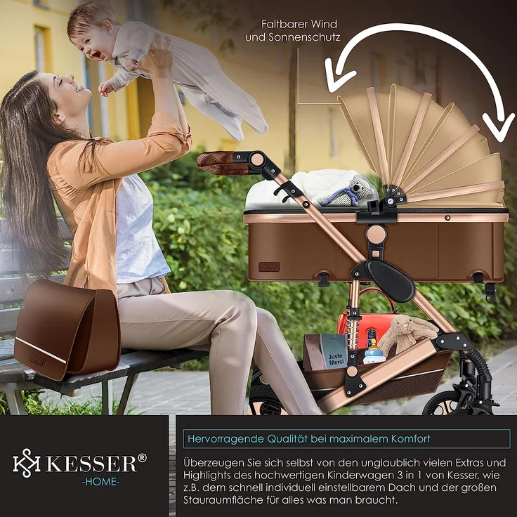 KESSER® Loops 3 in 1 Kinderwagen Kombikinderwagen Komplettset incl. Babywanne & Buggy Sportsitz & Auto-Babyschale - Voll-Gummireifen - Wickeltasche/Regenschutz/Kindertisch Set Braun / Champagne – Bild 3