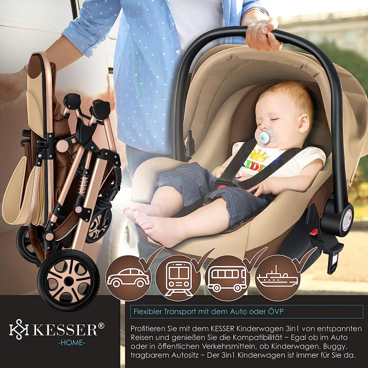 KESSER® Loops 3 in 1 Kinderwagen Kombikinderwagen Komplettset incl. Babywanne & Buggy Sportsitz & Auto-Babyschale - Voll-Gummireifen - Wickeltasche/Regenschutz/Kindertisch Set Braun / Champagne – Bild 5