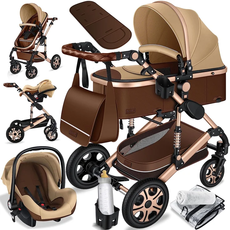 KESSER® Loops 3 in 1 Kinderwagen Kombikinderwagen Komplettset incl. Babywanne & Buggy Sportsitz & Auto-Babyschale - Voll-Gummireifen - Wickeltasche/Regenschutz/Kindertisch Set Braun / Champagne – Bild 1