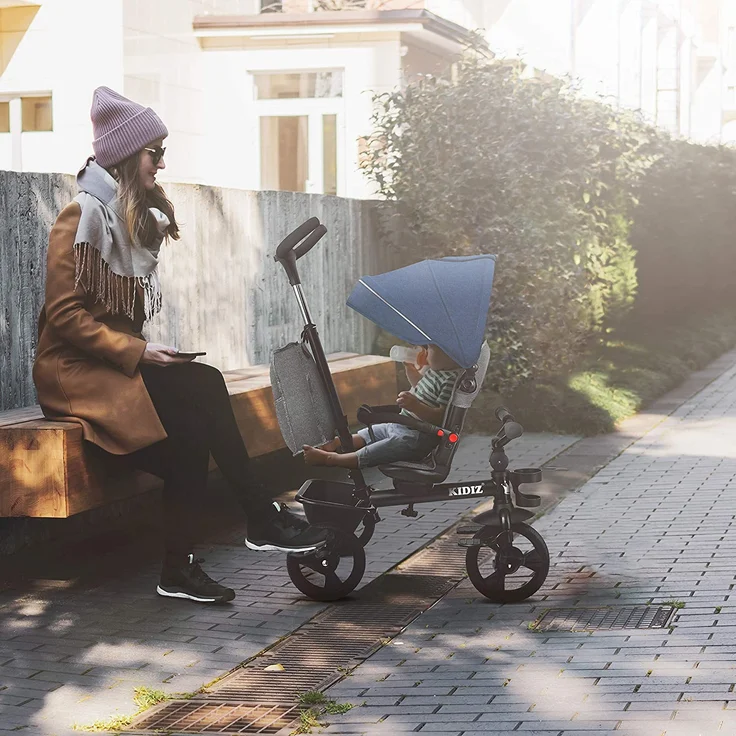 KIDIZ® Dreirad 5in1 Kinderdreirad mit Schubstange Lenksystem Stange ab 1 Jahr vorwärts und Rückwärtsfahrt Jogger , Korb Tasche Getränkehalter Sonnendach Gummiräder, Buggy Fahrrad Baby Klappbar Blau – Bild 6