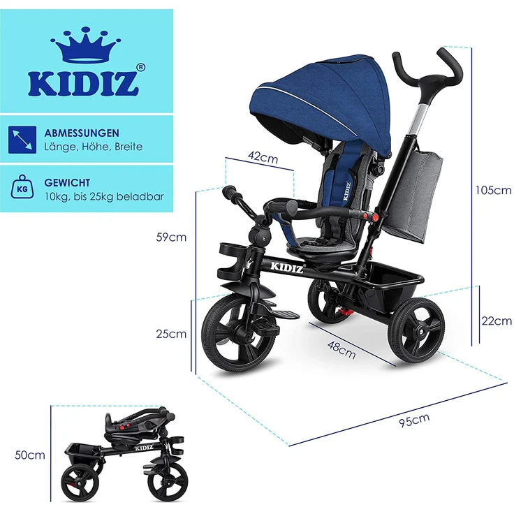KIDIZ® Dreirad 5in1 Kinderdreirad mit Schubstange Lenksystem Stange ab 1 Jahr vorwärts und Rückwärtsfahrt Jogger , Korb Tasche Getränkehalter Sonnendach Gummiräder, Buggy Fahrrad Baby Klappbar Blau – Bild 8