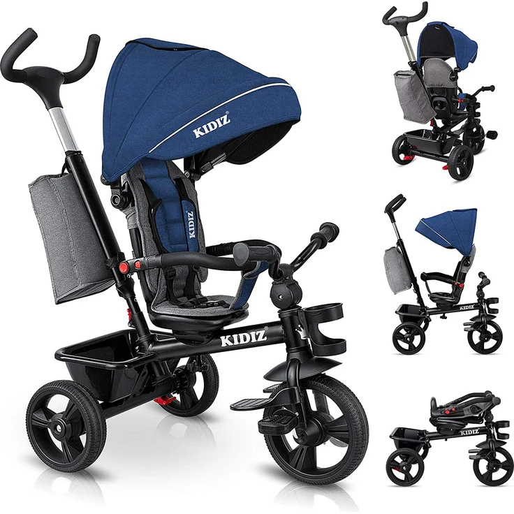 KIDIZ® Dreirad 5in1 Kinderdreirad mit Schubstange Lenksystem Stange ab 1 Jahr vorwärts und Rückwärtsfahrt Jogger , Korb Tasche Getränkehalter Sonnendach Gummiräder, Buggy Fahrrad Baby Klappbar Blau – Bild 1