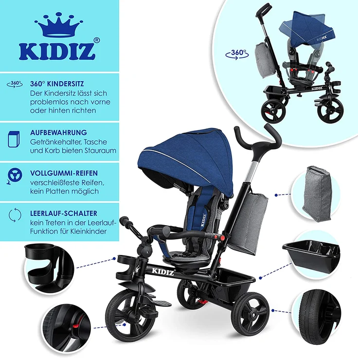 KIDIZ® Dreirad 5in1 Kinderdreirad mit Schubstange Lenksystem Stange ab 1 Jahr vorwärts und Rückwärtsfahrt Jogger , Korb Tasche Getränkehalter Sonnendach Gummiräder, Buggy Fahrrad Baby Klappbar Blau – Bild 3