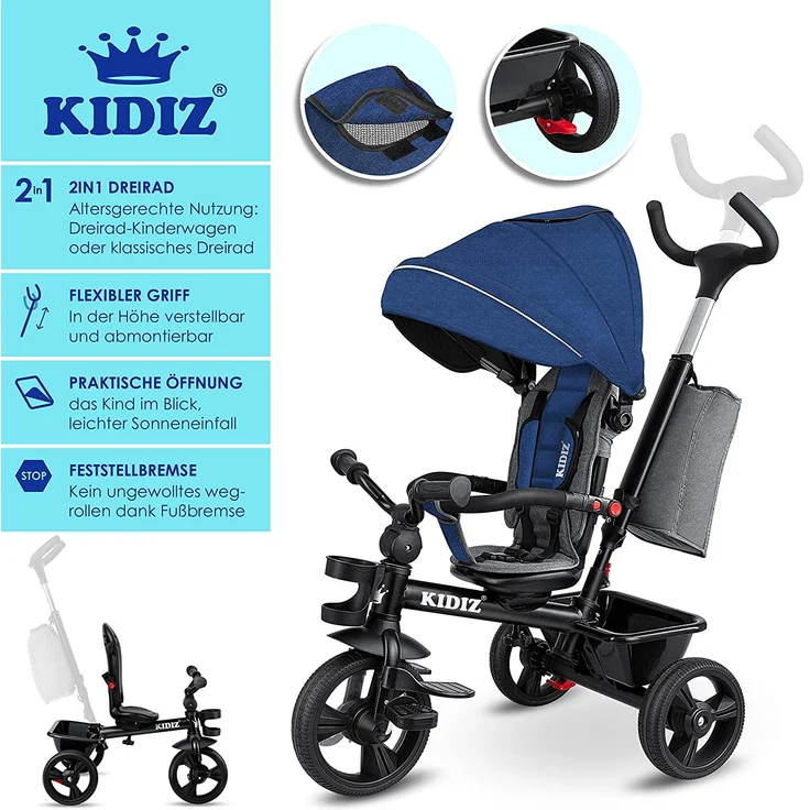 KIDIZ® Dreirad 5in1 Kinderdreirad mit Schubstange Lenksystem Stange ab 1 Jahr vorwärts und Rückwärtsfahrt Jogger , Korb Tasche Getränkehalter Sonnendach Gummiräder, Buggy Fahrrad Baby Klappbar Blau – Bild 2