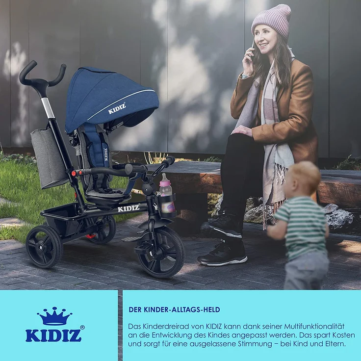KIDIZ® Dreirad 5in1 Kinderdreirad mit Schubstange Lenksystem Stange ab 1 Jahr vorwärts und Rückwärtsfahrt Jogger , Korb Tasche Getränkehalter Sonnendach Gummiräder, Buggy Fahrrad Baby Klappbar Blau – Bild 7