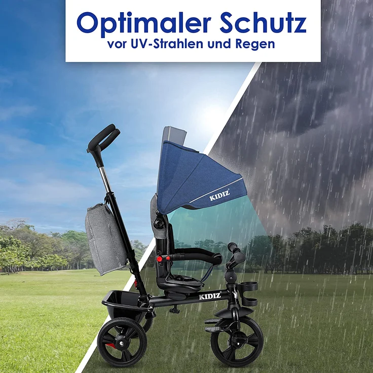 KIDIZ® Dreirad 5in1 Kinderdreirad mit Schubstange Lenksystem Stange ab 1 Jahr vorwärts und Rückwärtsfahrt Jogger , Korb Tasche Getränkehalter Sonnendach Gummiräder, Buggy Fahrrad Baby Klappbar Blau – Bild 5