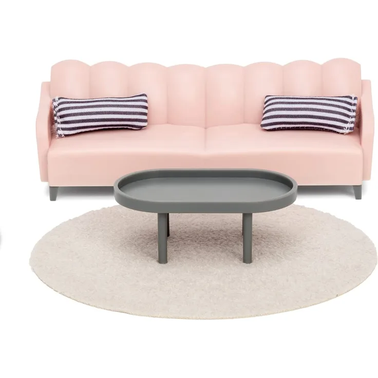 LUNDBY DIY Puppenhaus Wohnzimmer Möbel Set 5-teilig – Sofa Couch, Couchtisch, Teppich, 2X Kissen – Puppenhaus Möbel für Miniatur Haus – Puppenzubehör Set für 11 cm Puppen im Maßstab 1:18