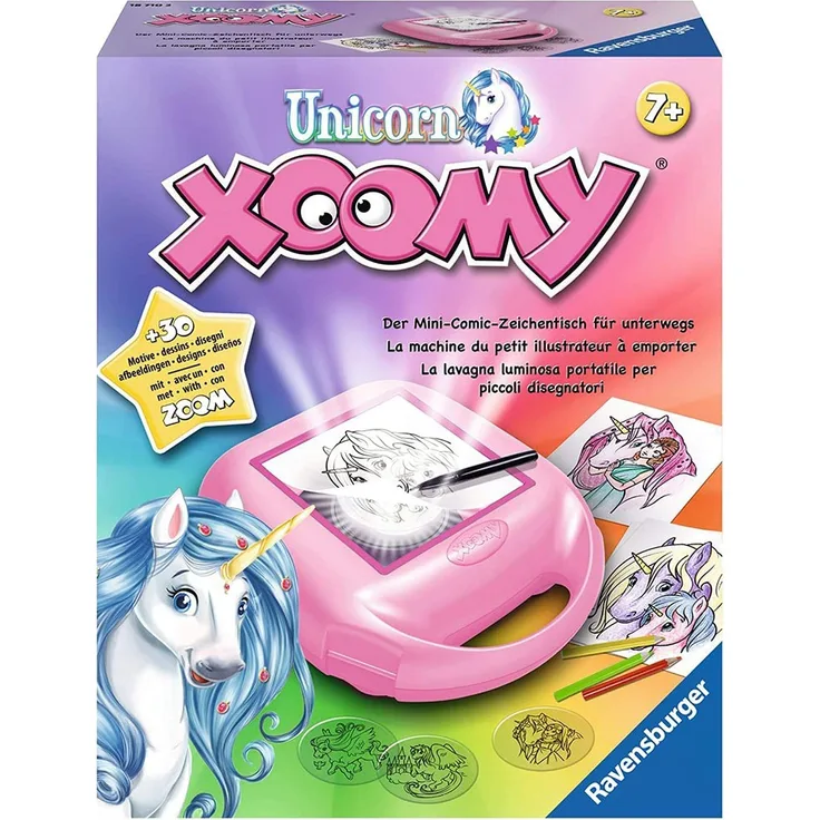 Ravensburger Xoomy Unicorn - Comics zeichnen lernen, Kreatives Zeichnen und Malen für Kinder ab 7 Jahren, Mini-Zeichentisch für unterwegs