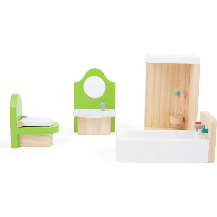 Small Foot 10872 Puppenmöbel aus Holz für das Badezimmer im Puppenhaus, inkl. Waschtisch, Badewanne, Dusche und Toilette, geeignet für Biegepüppchen, ideales Puppenzubehör für Kinder ab 3 Jahren