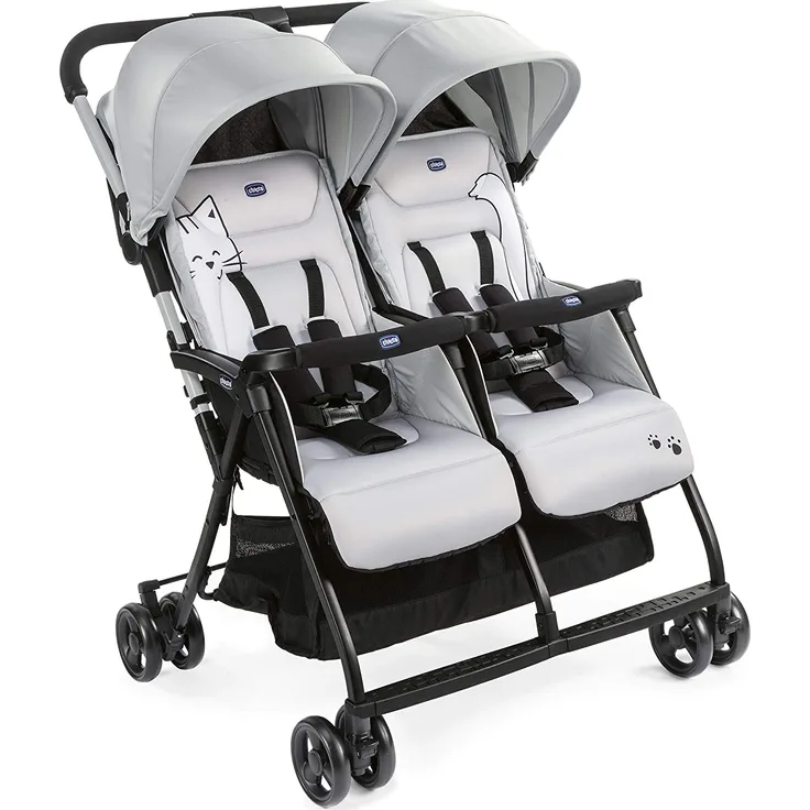Chicco Zwilligsbuggy OHLALA' TWIN, ultra-leichtre und ultra-kompakter Geschwisterkinderbuggy für Babys und Kleinkinder ab Geburt inkl. Regenschutz, Silber