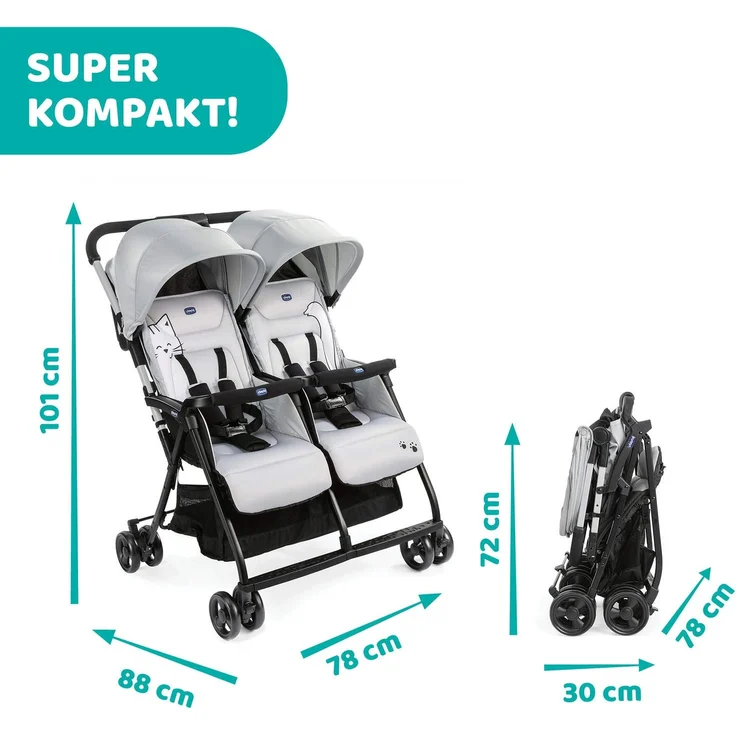 Chicco Zwilligsbuggy OHLALA' TWIN, ultra-leichtre und ultra-kompakter Geschwisterkinderbuggy für Babys und Kleinkinder ab Geburt inkl. Regenschutz, Silber – Bild 5