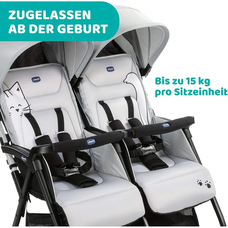 Chicco Zwilligsbuggy OHLALA' TWIN, ultra-leichtre und ultra-kompakter Geschwisterkinderbuggy für Babys und Kleinkinder ab Geburt inkl. Regenschutz, Silber – Bild 6
