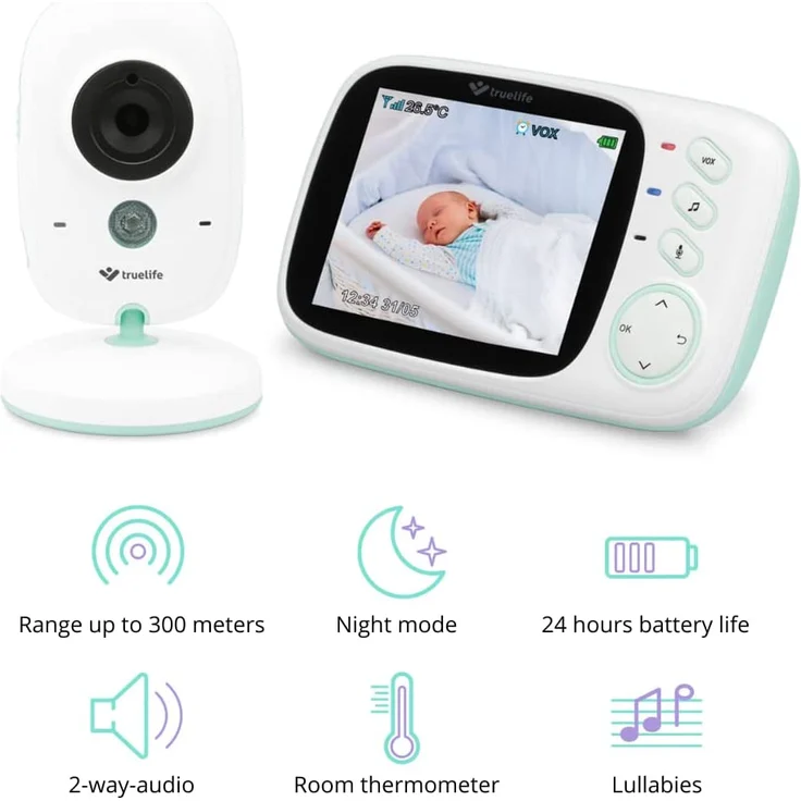 Video Babyphone TrueLife NannyCam H32,Überwachung Digital Video-Kamera für Ihr Baby,farbiges 3,2“ LCD-Display,Zimmerthermometer, Nacht-Modus,8 Melodien,VOX-Regime,Akkus 24Stunden, drathlos Kamera – Bild 2