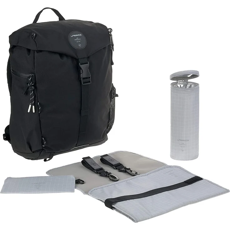 LÄSSIG Baby Wickel-/Wanderrucksack mit Wickelunterlage, Kinderwagenbefestigung, Flaschenwärmer wasserabweisend nachhaltig produziert/Outdoor Backpack black – Bild 1