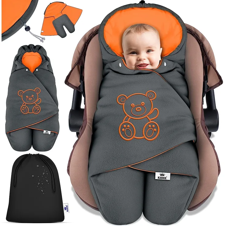 KIDIZ® Baby Einschlagdecke Winter mit Kapuze +Tasche Babyeinschlagdecke Universal für Babyschale, Autositz, z. B. für Maxi-Cosi, Römer für Buggy Babybett Kinderwagen & alle Gurtsysteme 3 & 5-Punkt Gurt Anthrazit / Orange