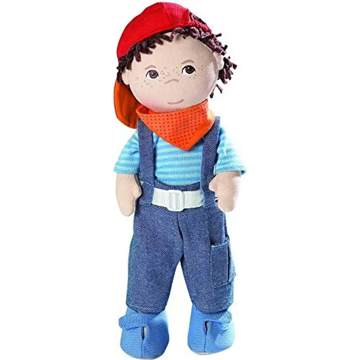 Haba 2142 - Puppe Matze weiche Stoffpuppe, ab 18 Monaten, cooler Junge zum Spielen und Kuscheln, mit Kleidung und weichen Haaren