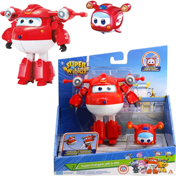 Super Wings Transforming Jett Supercharge Verwandelbares Roboterflugzeug mit Super Mini-Figur der Animationsserie Kinderspielzeug ab 3 Jahren, EU750421