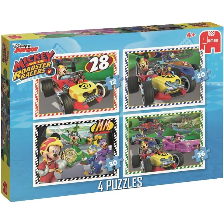 Jumbo 19669 - Disney Mickey and the Roadster Racers, 4 Puzzle Box, 12/20/30/36 Teile